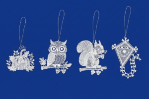 plauener spitze baumbehang herbst 4er set – kürbis, eule, eichhörnchen, drachen