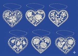 plauener spitze herz anhänger set – 6 blumenmotive, 9 cm