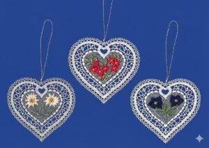 plauener spitze spitzenanhänger herz 3er set – edelweiß, alpenrose, enzian