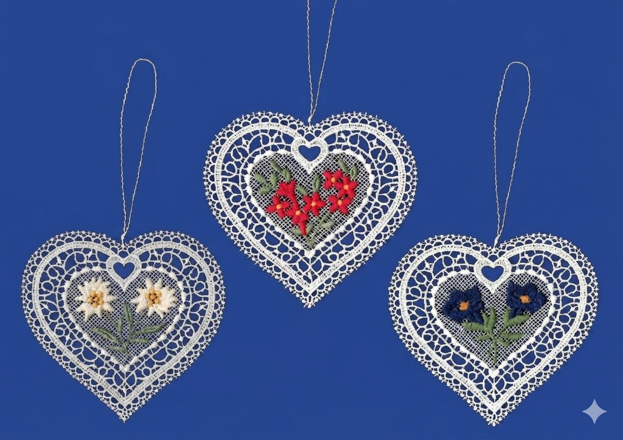 plauener spitze spitzenanhänger herz 3er set – edelweiß, alpenrose, enzian