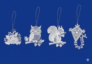 plauener spitze baumbehang herbst 4er set – kürbis, eule, eichhörnchen, drachen