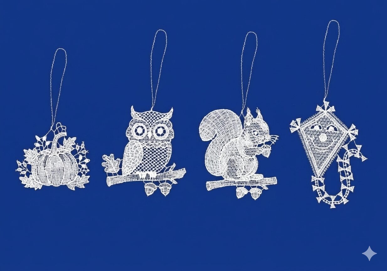 plauener spitze baumbehang herbst 4er set – kürbis, eule, eichhörnchen, drachen