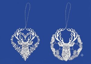 plauener spitze hirsch anhänger 2er set – herz & zweige