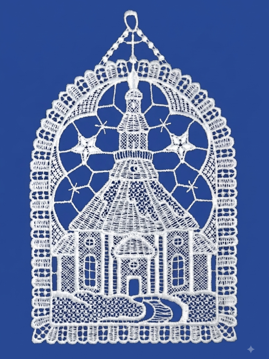 plauener spitze fensterbild seiffener kirche – 25 × 16 cm