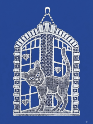 plauener spitze fensterbild katze am fenster – 25 × 16 cm