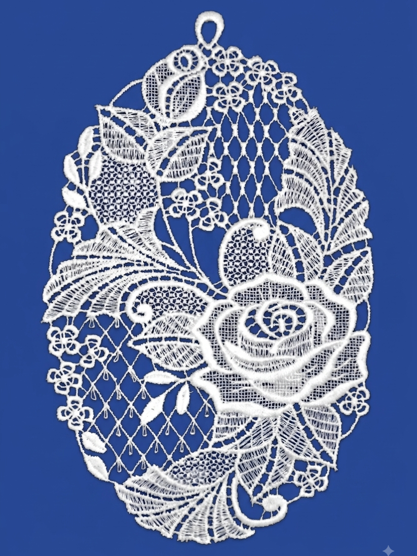 plauener spitze fensterbild rosenblüte – 25 × 16 cm