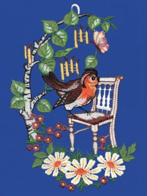 plauener spitze fensterbild vogel auf stuhl