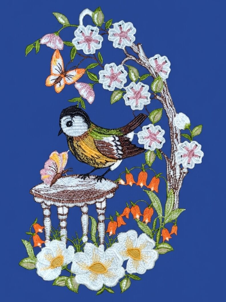 plauener spitze fensterbild vogel auf tisch
