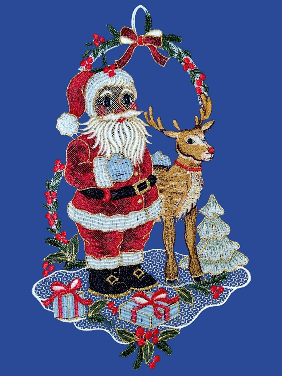 plauener spitze fensterbild santa claus mit rentier