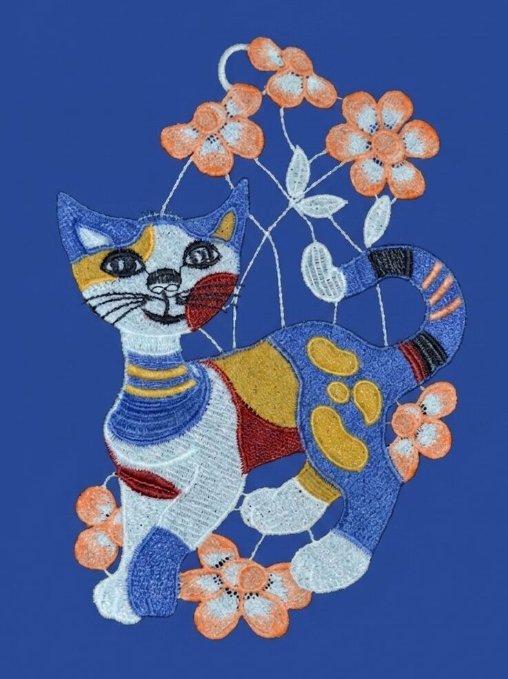 plauener spitze fensterbild katze blau