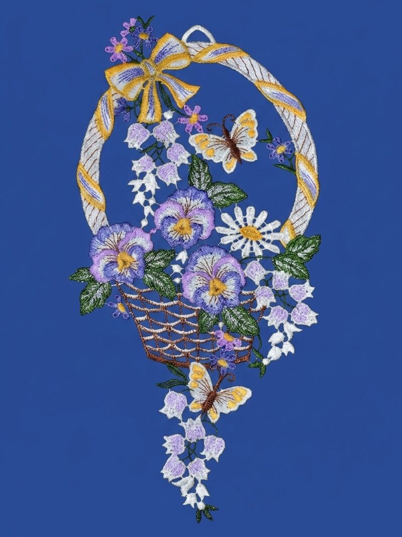 plauener spitze fensterbild stiefmütterchenkorb