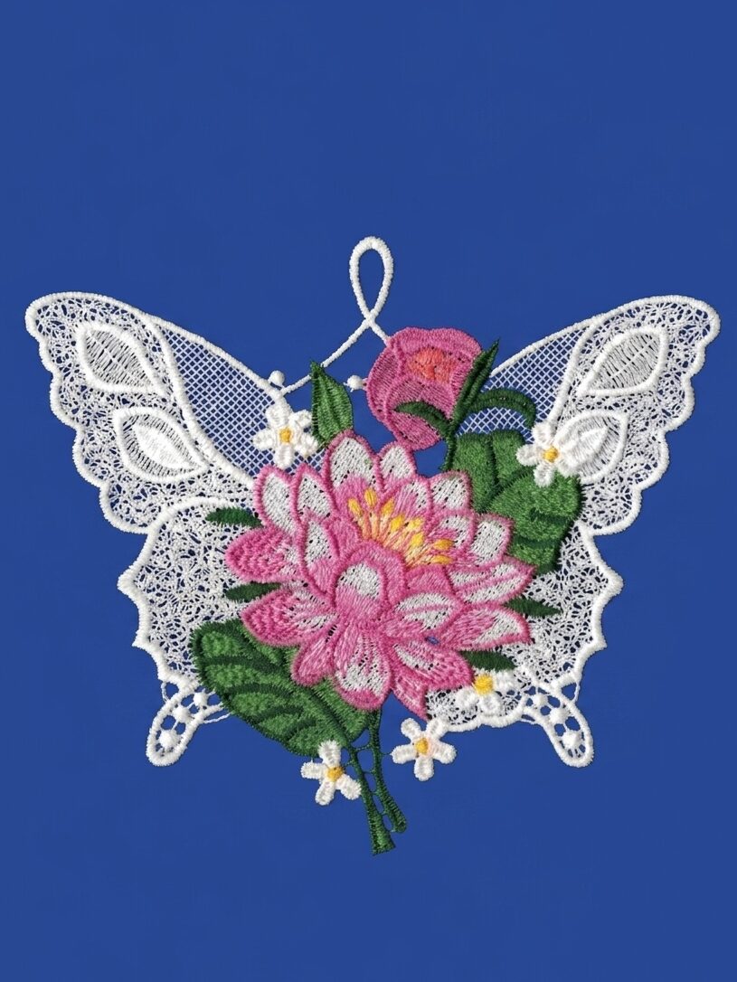 plauener spitze fensterbild schmetterling mit pfingstrose