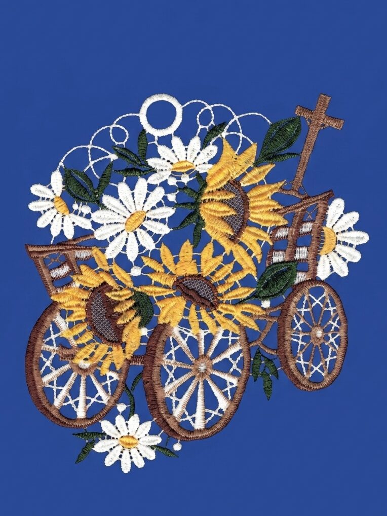 plauener spitze fensterbild handwagen mit sonnenblumen