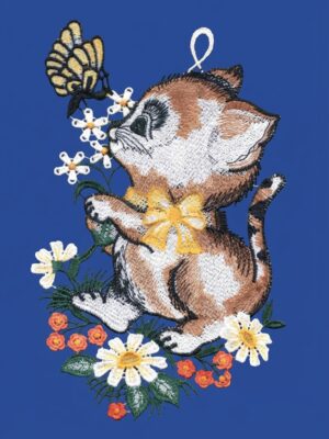 plauener spitze fensterbild kätzchen mit schmetterling