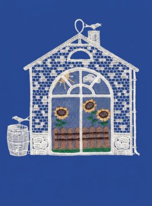 plauener spitze fensterbild hausrahmen mit sonnenblumen
