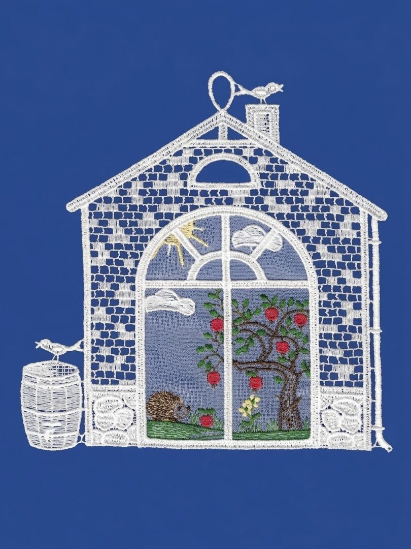 plauener spitze fensterbild hausrahmen mit apfelbaum