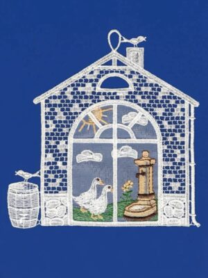 plauener spitze fensterbild hausrahmen mit gänsen
