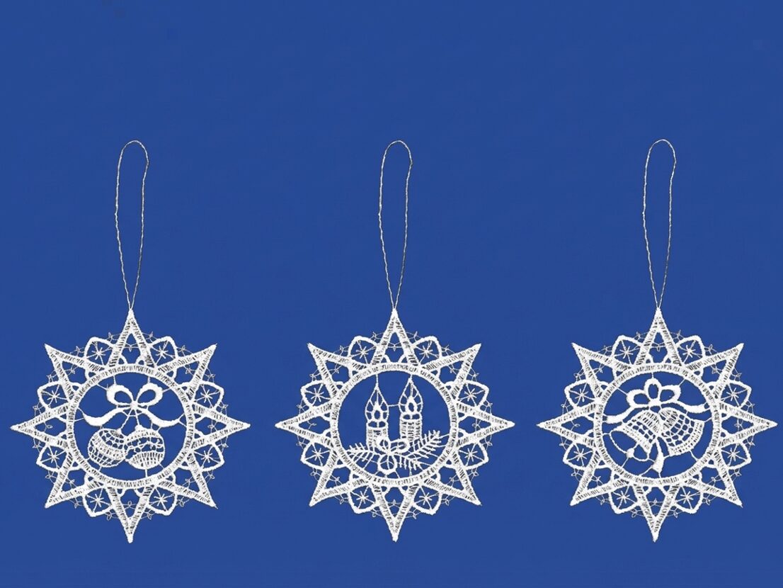 plauener spitze 3er set anhänger stern mit weihnachtsmotiven