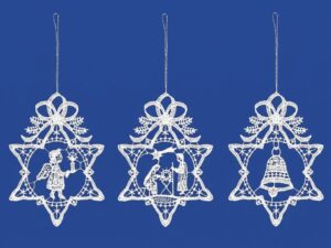 plauener spitze 3er set anhänger stern mit schleife und weihnachtsmotiven