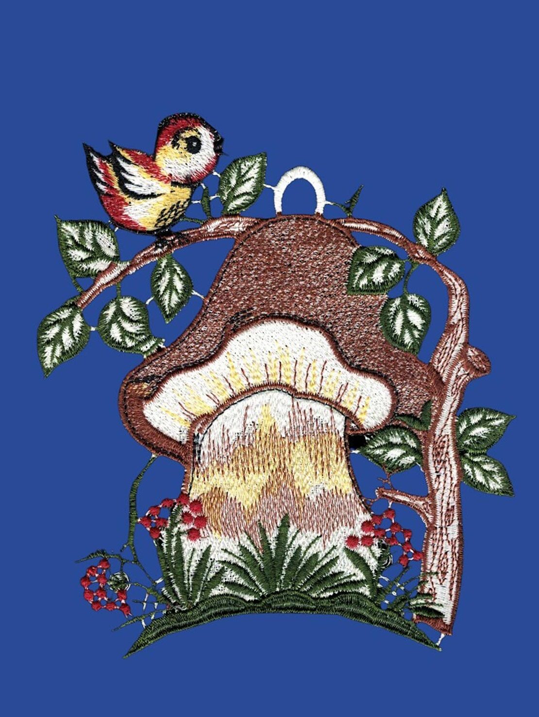 plauener spitze fensterbild vogel auf pilz